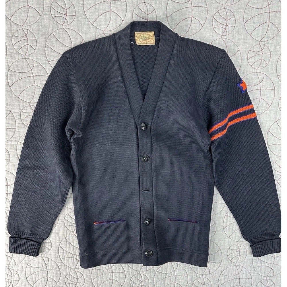 VTG 1950s Dehen University Letterman Cardigan Sweater Wool‎ Navy Orange USA S/36